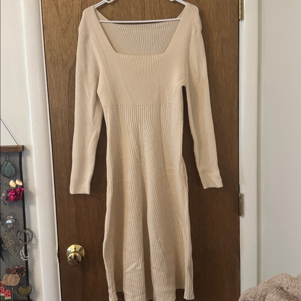 SHEIN Cream Ribbed Knit Midi Dress